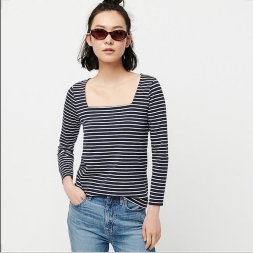 NWT J. Crew Navy Blue White Stripe Long Sleeve Shirt Square Neck Size Large - Picture 1 of 6